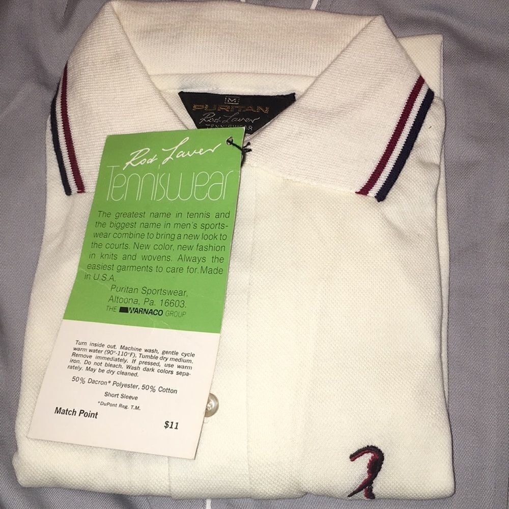 NWT mens white retro Puritan Vintage Rod Laver The Rocket Tennis polo shirt-1970